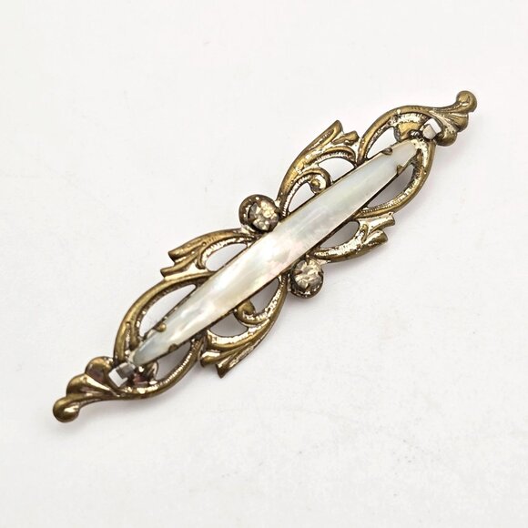 Antique Mother of Pearl Bar Brooch 2.5" Mixed Tone Metal & Paste Stones - Picture 1 of 6